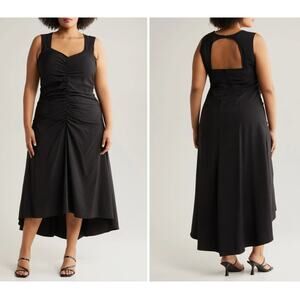 CHELSEA28 | Black Ruched High Low Cutout Back Midi Dress | 1X